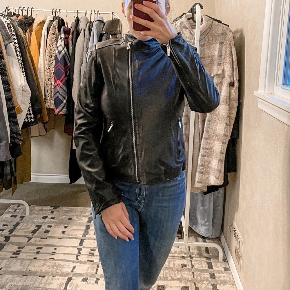 Aqua Suede Leather Biker Jacket Black M